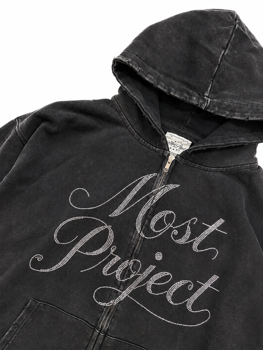 MØST PROJECT DISTRESSED RHINESTONE ZIP HOODIE / BLACK