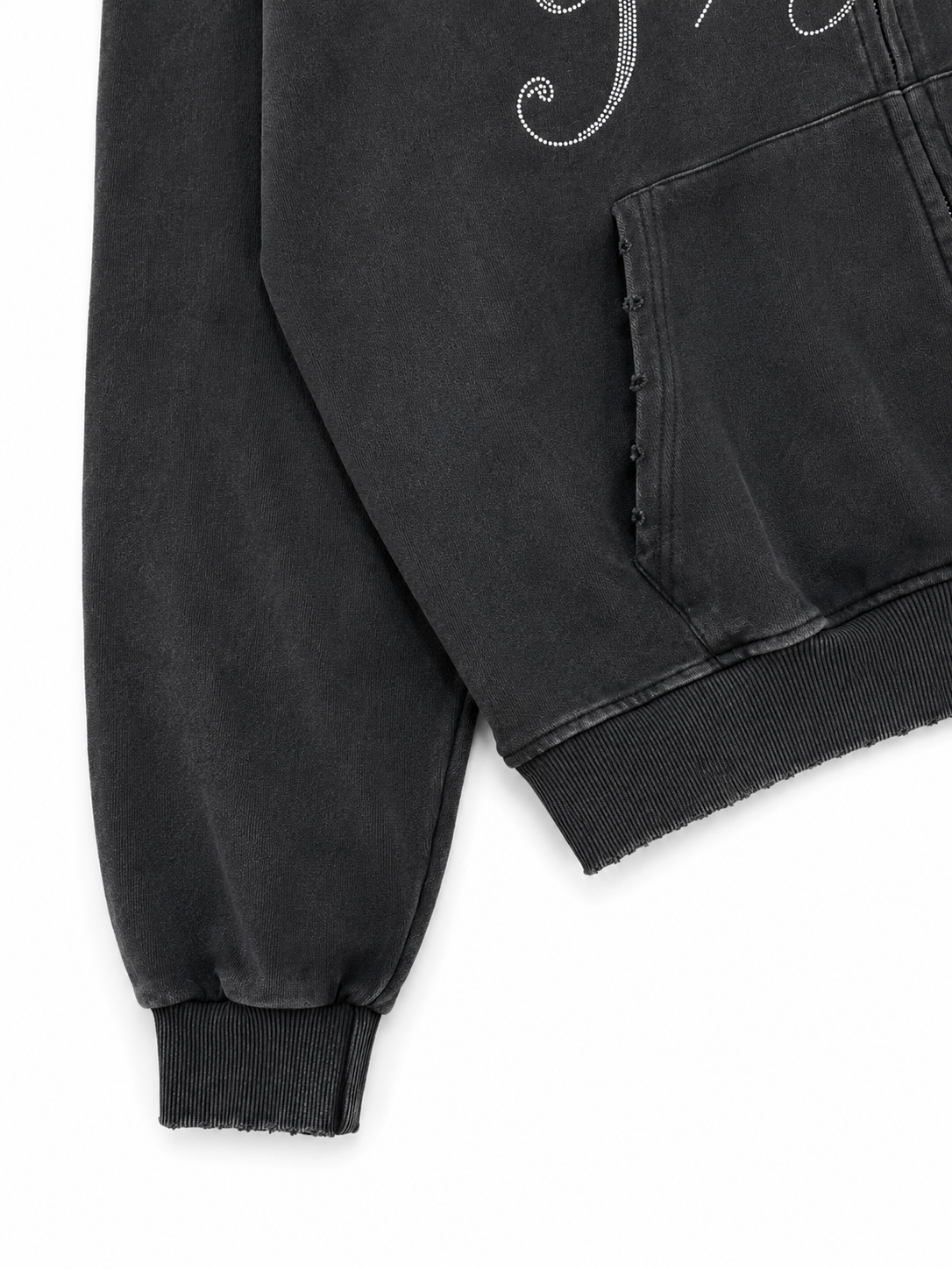 MØST PROJECT DISTRESSED RHINESTONE ZIP HOODIE / BLACK