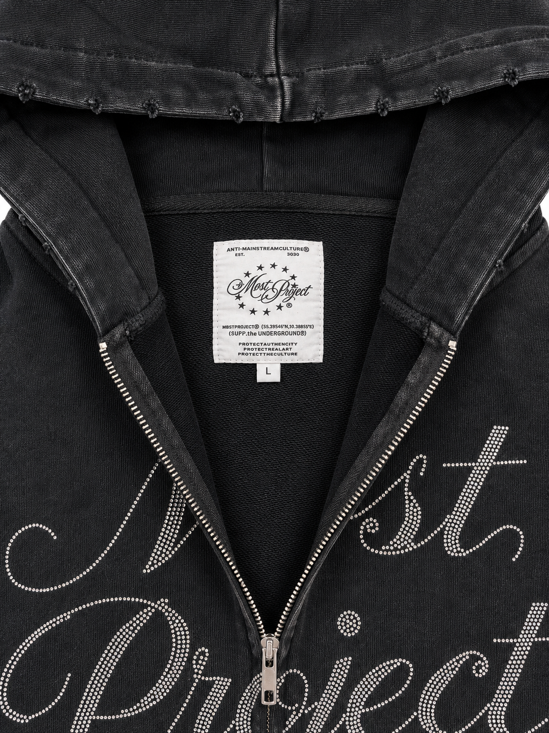 MØST PROJECT DISTRESSED RHINESTONE ZIP HOODIE / BLACK