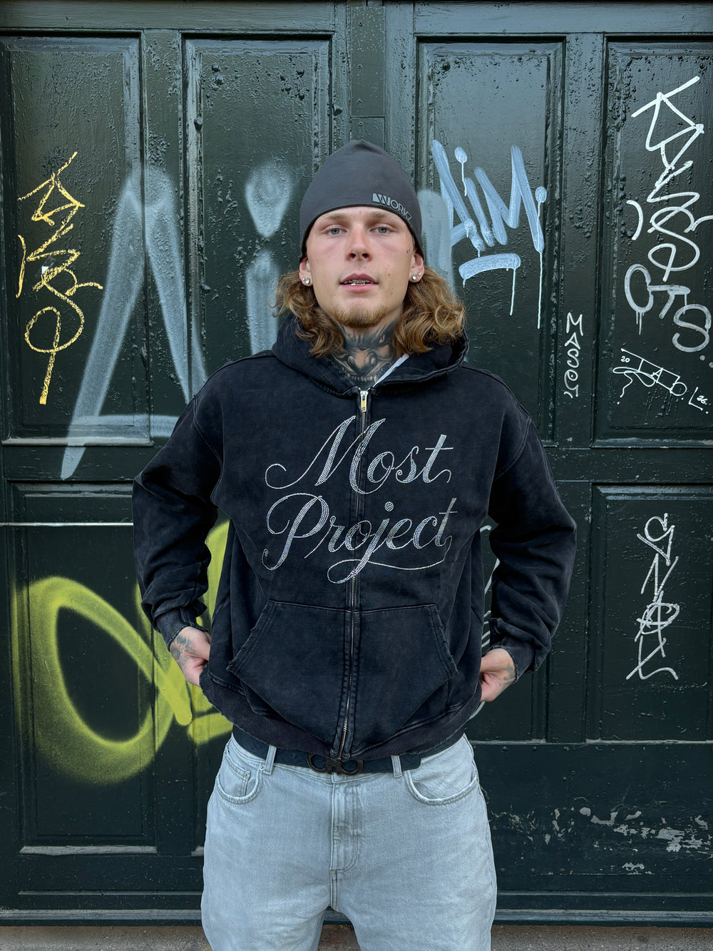 MØST PROJECT DISTRESSED RHINESTONE ZIP HOODIE / BLACK