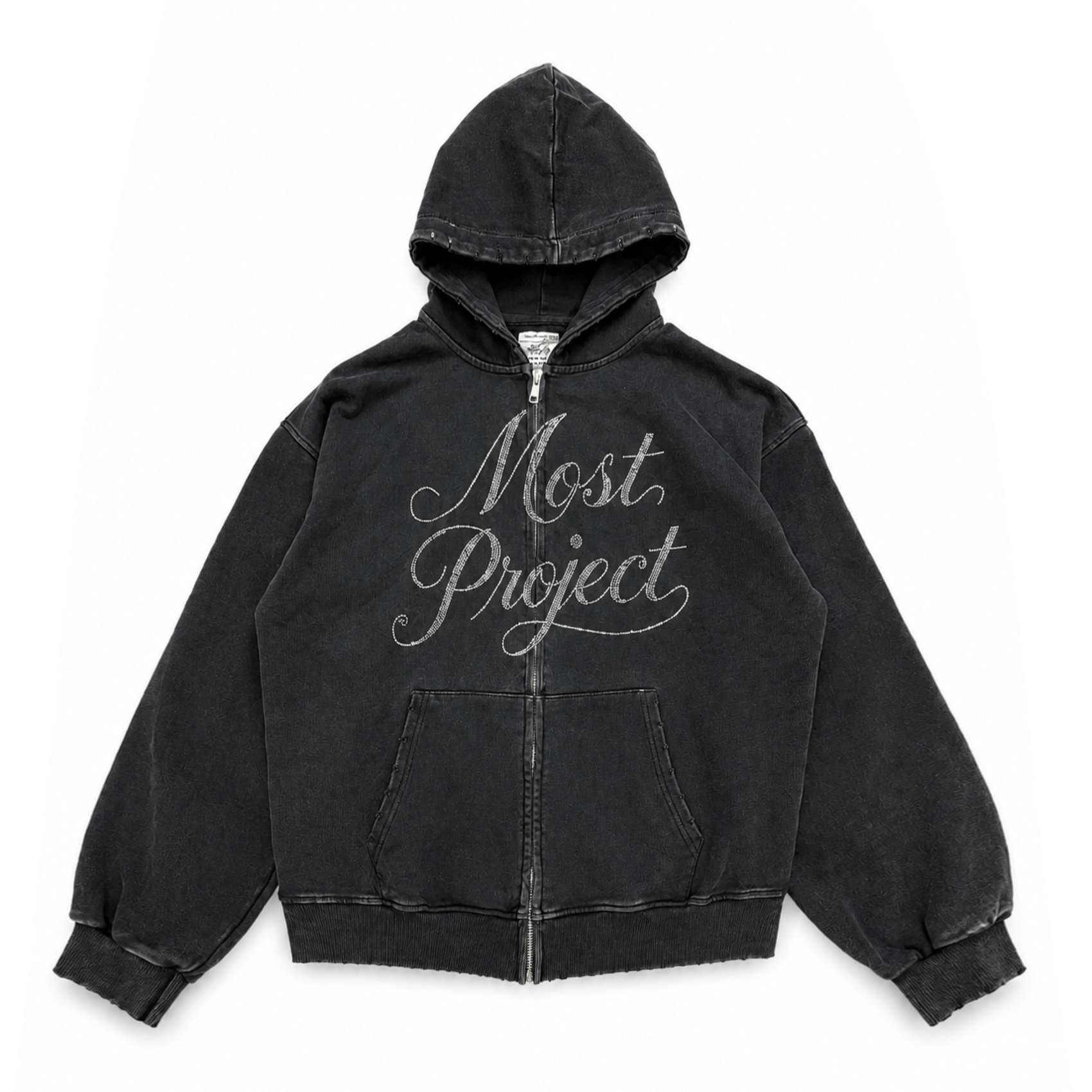MØST PROJECT DISTRESSED RHINESTONE ZIP HOODIE / BLACK