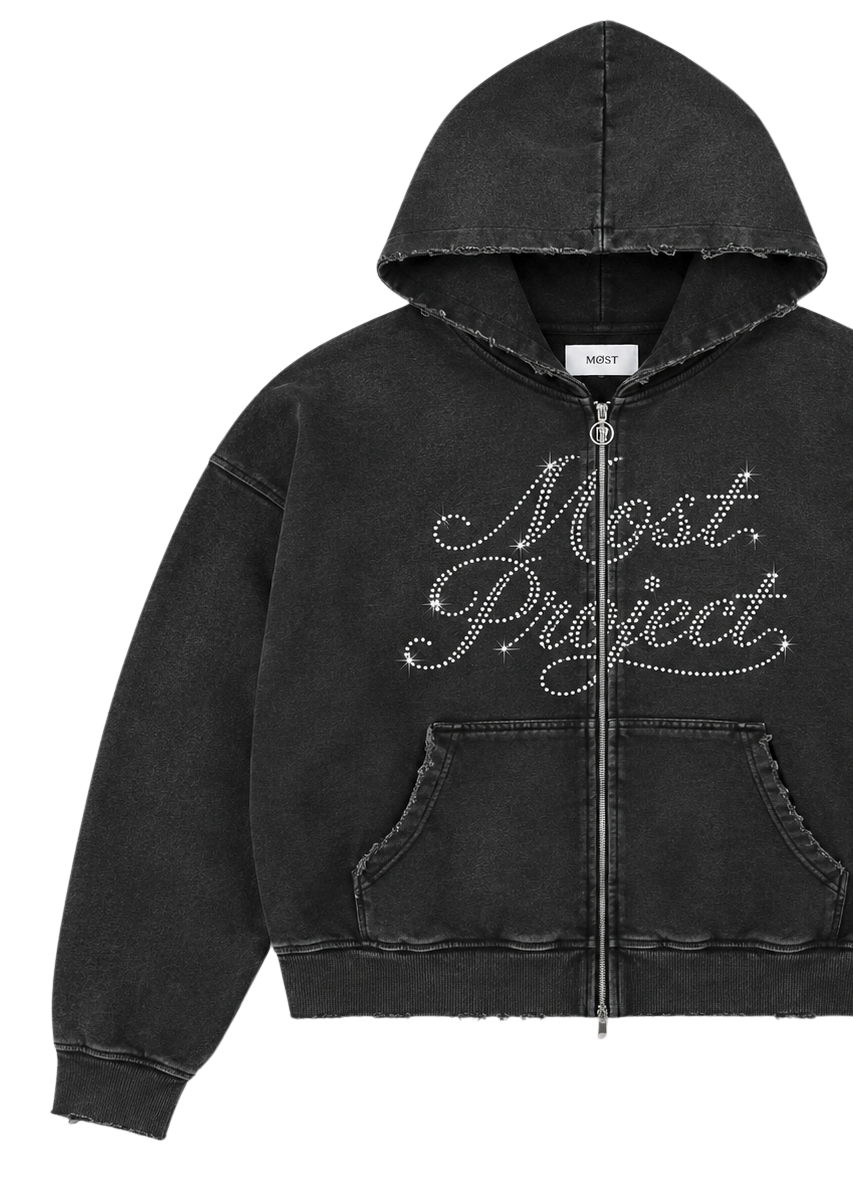 MØST DISTRESSED RHINESTONE ZIP HOODIE / BLACK