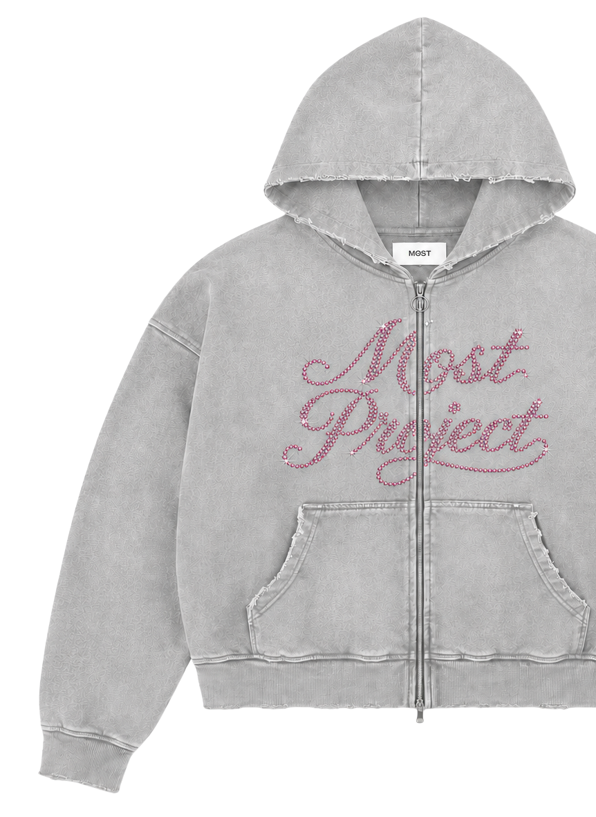 MØST DISTRESSED RHINESTONE ZIP HOODIE / GREY