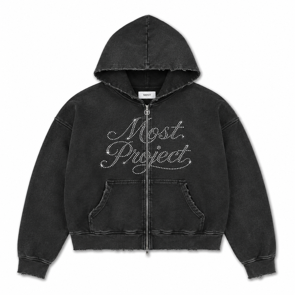 MØST DISTRESSED RHINESTONE ZIP HOODIE / BLACK