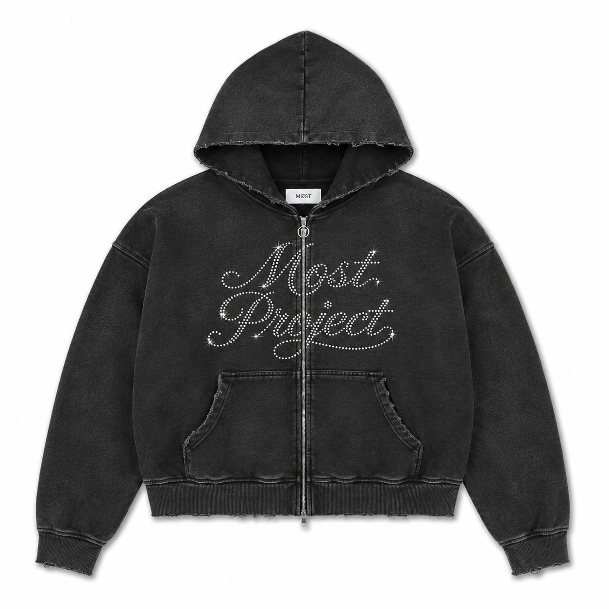 MØST DISTRESSED RHINESTONE ZIP HOODIE / BLACK