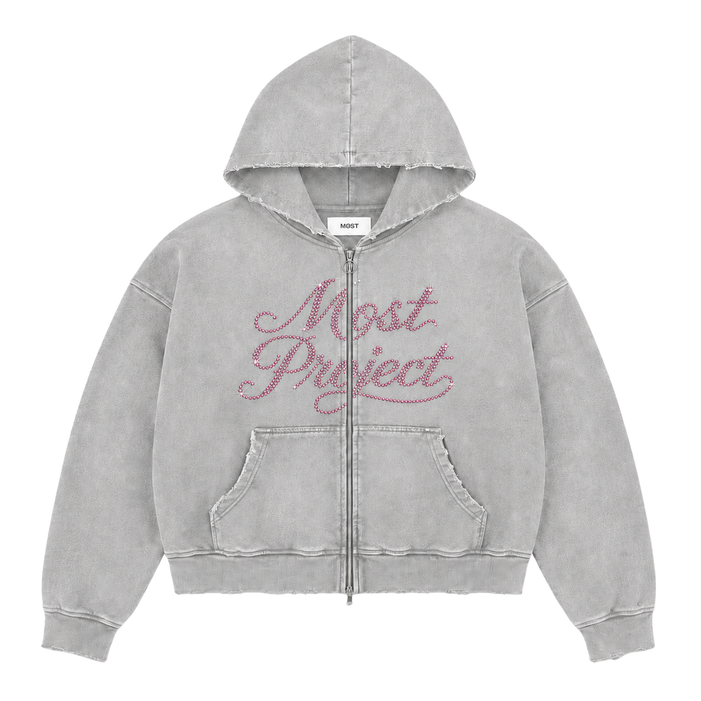 MØST DISTRESSED RHINESTONE ZIP HOODIE / GREY
