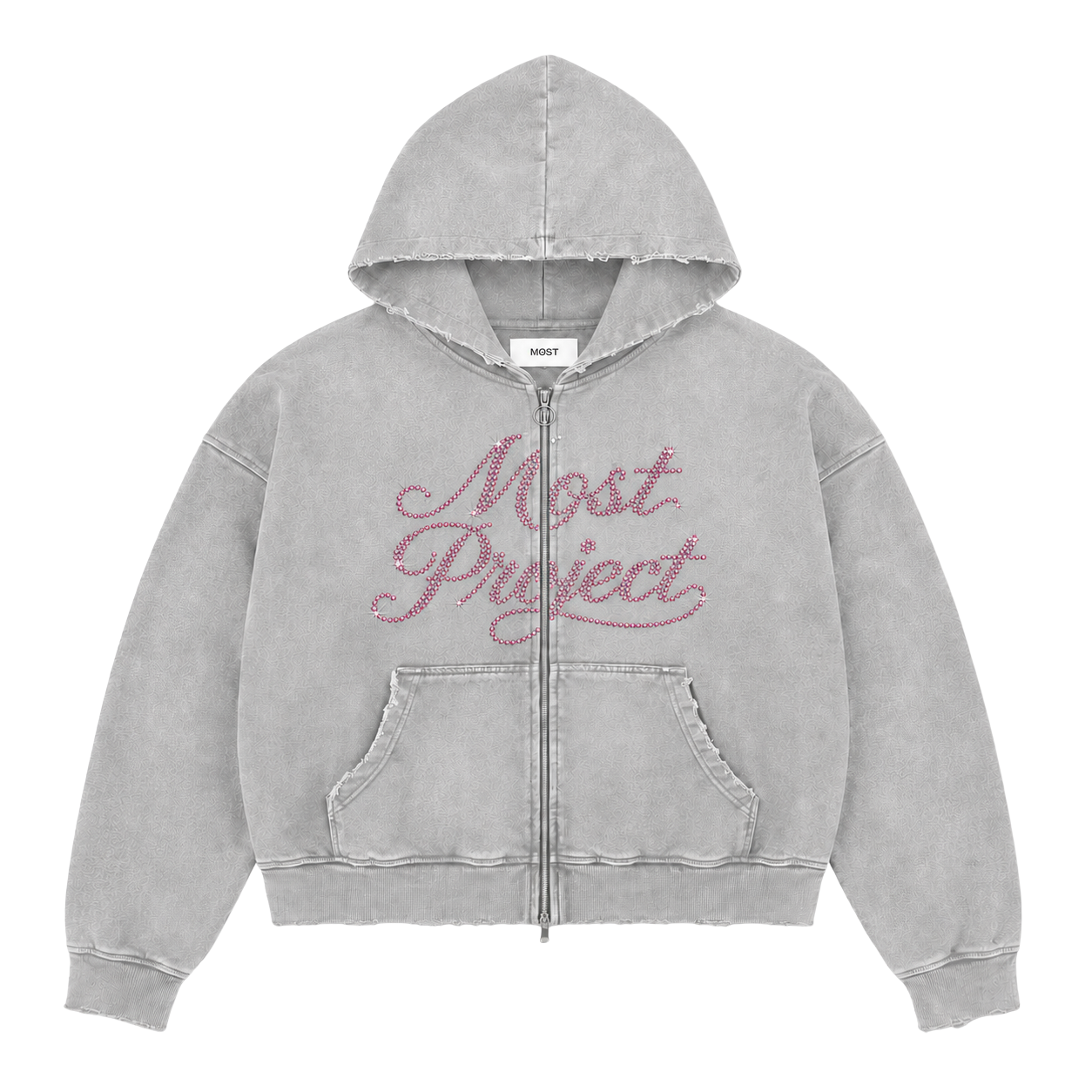 MØST DISTRESSED RHINESTONE ZIP HOODIE / GREY